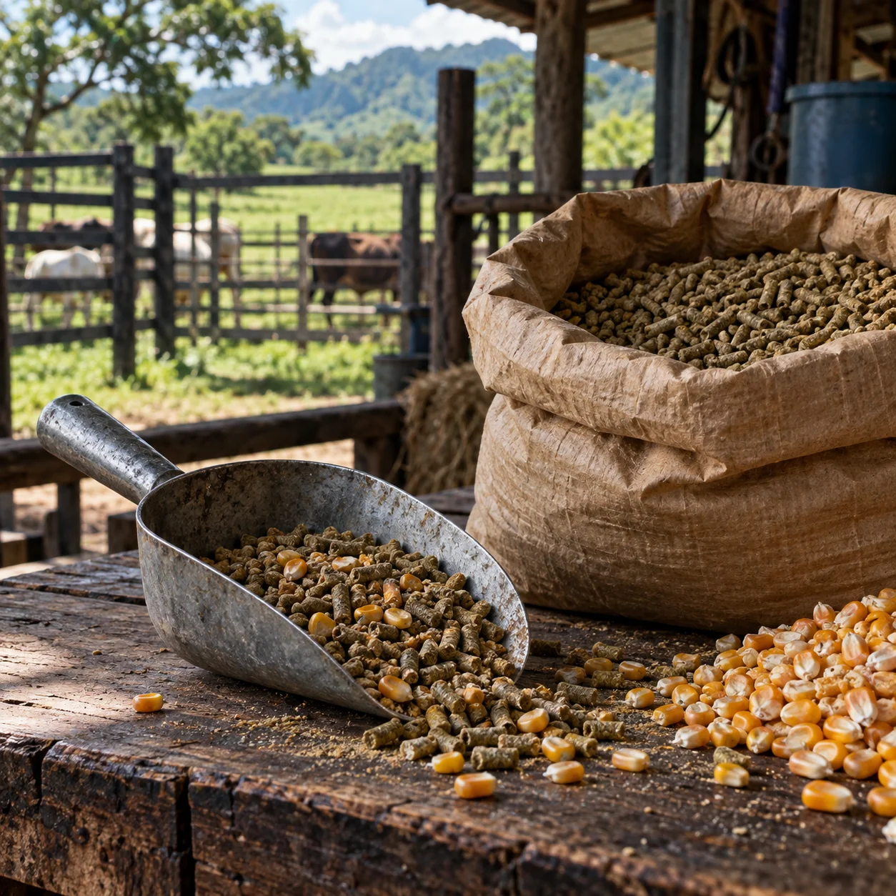 Alimento para animales en un entorno agropecuario..