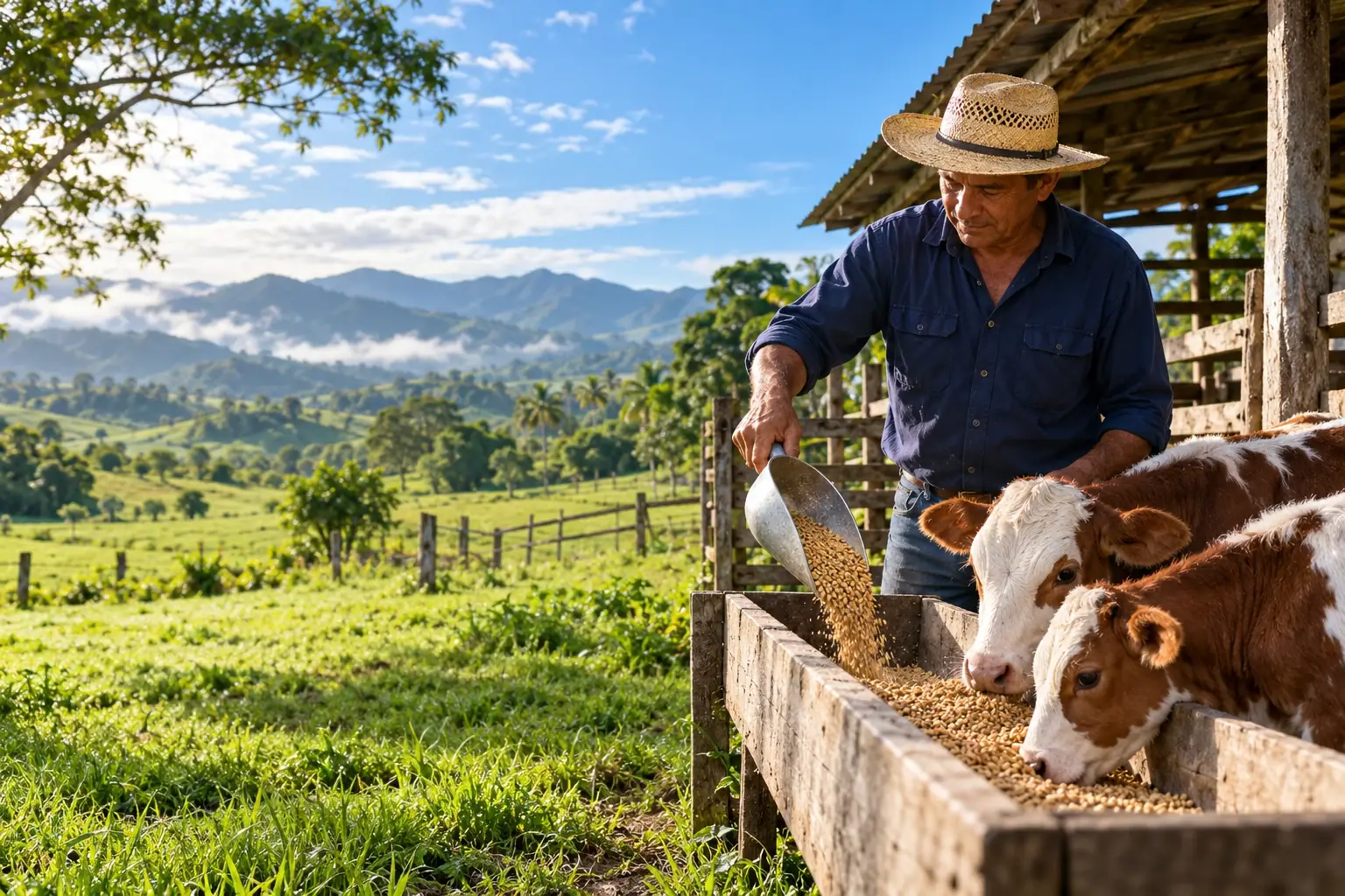 Productor alimentando terneros en el campo..